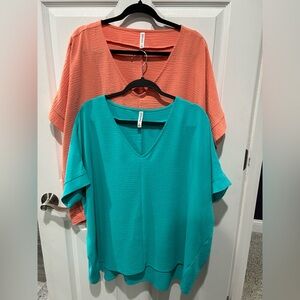 Set of 2 Zenana Airflow Coral and Teal V-Neck Blouses